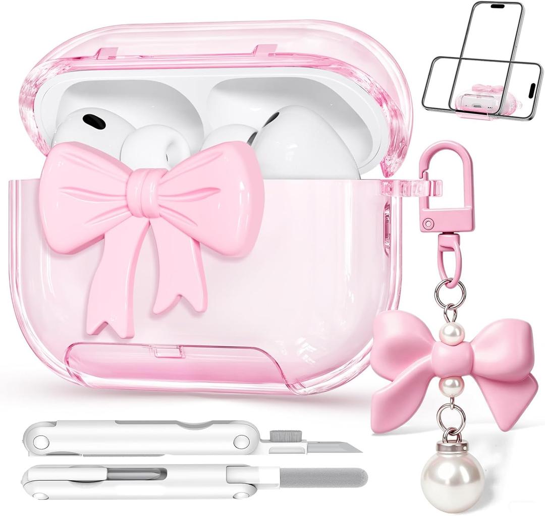 for Airpods Pro 3 Case Pink 2025 with Safety Lock & Phone Stand, 3D Bow Clear iPod Pro 3 Cases with Cute Keychain & Cleaning Kit, Soft TPU Cover for AirPods Pro 3rd Generation Case Girls Women