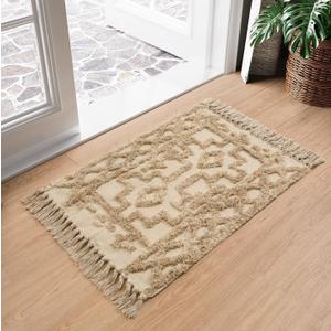 Uphome Boho Bathroom Rug 2' x 3', Small Farmhouse Kitchen Rugs with Tassels, Khaki Washable Front Door Mat, Cotton Woven Moroccan Tufted Throw Rug for Bedroom Entryway Laundry Living Room (Tan)