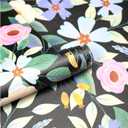 Black Floral Vintage Peel and Stick Wallpaper, Boho Colorful Renter Friendly Contact Paper for Bathroom, Kitchen, Botanical Removable Wall Decor for Cabinet, Countertop, Shelf Liner, 17.5 x 118