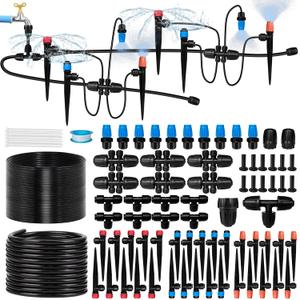 230FT Drip Irrigation System for Garden with 40 Nozzles & Emitters, Garden Watering System with 1/2" & 1/4" Tube and Barbed Fittings - Adjustable Sprinklers Kit for Greenhouse, Lawn, Raised Bed (Black)
