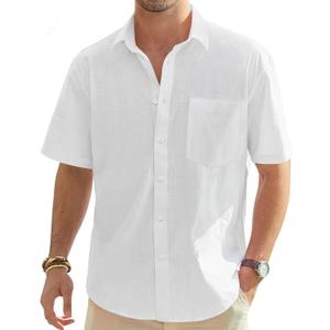 J.VER Men's Linen Short Sleeve Shirts Cotton Casual Lightweight Button Down Shirt Beach Vacation Summer Tops with Pocket (White, M)