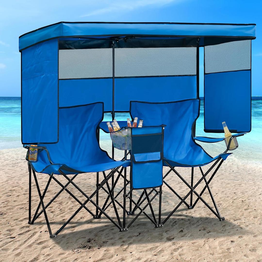 Double Beach Chair with Canopy Shade Oversized Camping Chairs with Cup Holder Cooler Bag Folding Loveseat Chairs for Camping Beach Lawn (Blue)