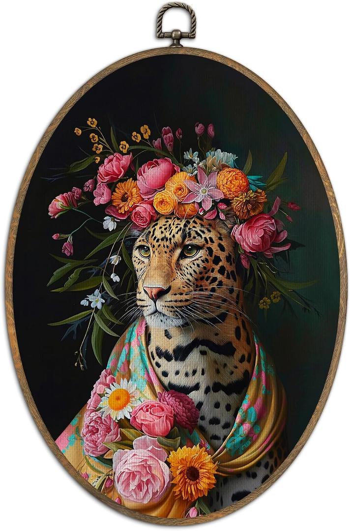 SHQIEUDH Vintage Cheetah Floral Oval Wall Art 8.6x11.4, Maximalist Leopard Framed Canvas Prints Artwork, Green Trendy Retro Animal Oval Wall Hanging Decor for Teen Girls Bedroom Living Room Home