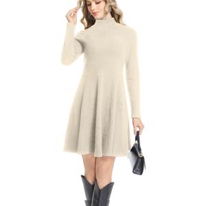 Long Sleeve Dress for Women Turtleneck Ribbed Knit A-Line Flowy Casual Elegant Fall Winter Fashion Short Dresses (Beige, L)