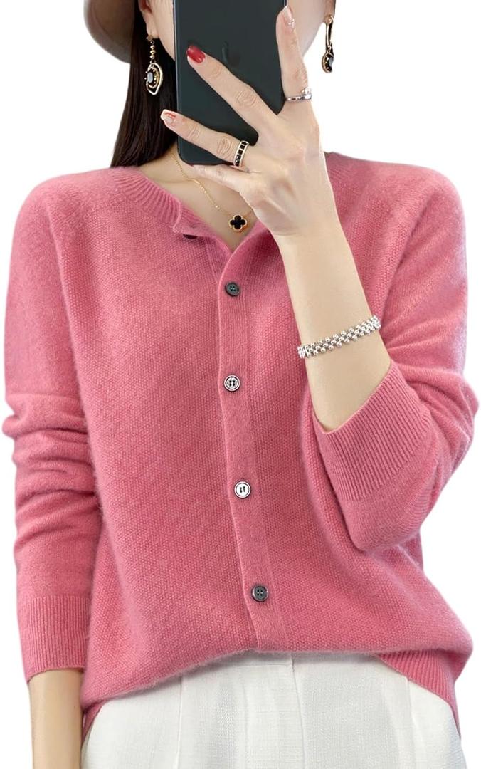 100% Merino Wool Sweaters Women's Fall Winter Warm Soft Knitted Crew Neck Cardigan Turtleneck Long Sleeves (X-Large, Pink)