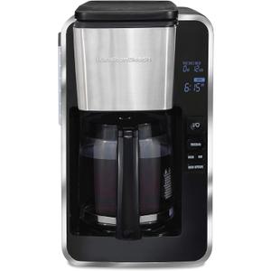 Hamilton Beach 12 Cup Programmable Front-Fill Drip Coffee Maker with Glass Carafe, Auto Shutoff, 3 Brew Options, Black with Stainless & Chrome Accents (46321)