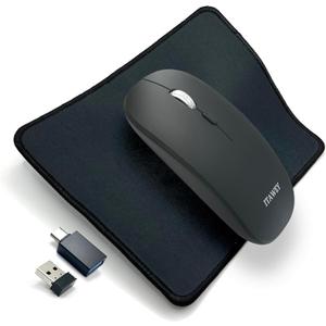 Wireless Mouse and Pad Combo, Dual Mode Bluetooth 5.2 & USB Receiver 2.4G, Rechargeable, Quiet Clicks, Compact, 1600 DPI, Precision Steel Scroll Wheel & a USB Cable-Converter, PC Laptop Tablet