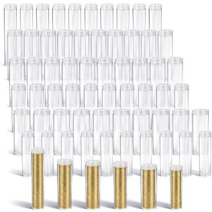 60 Pcs Plastic Coin Tubes Assorted Sizes, Round Clear Coins Container, Coin Storage Tube with Screw-on Lid, 6 Sizes Coins Collection Supplies