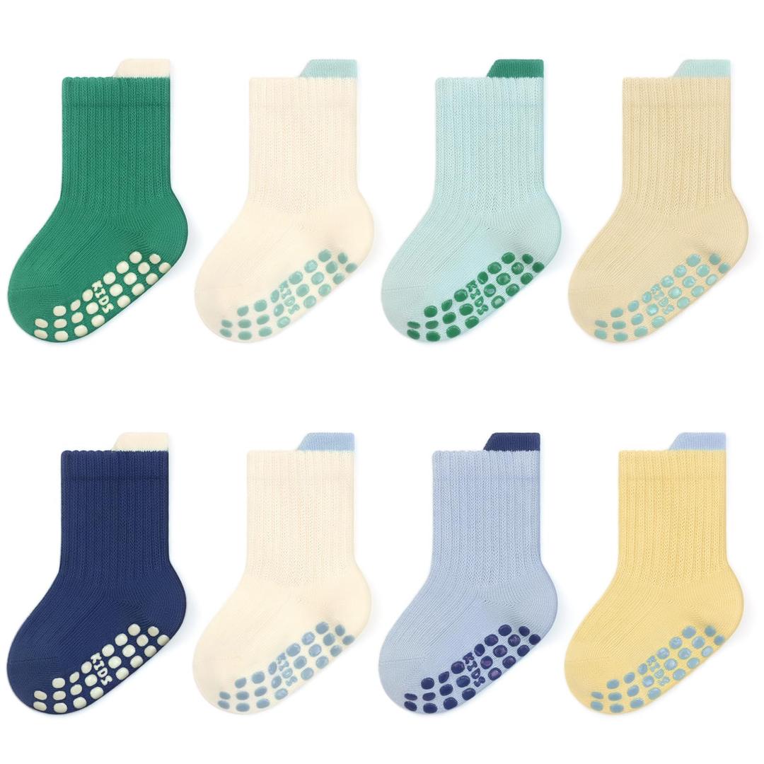 Exegawe 8 Pairs Toddler Non Slip Socks for Boys Girls(Blue Green,1-3Y)