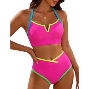 BMJL Women's High Waisted Bikini Sets Color Block Sporty Two Piece Swimsuits Tummy Control V-Neck Crop Top Bathing Suits, XL