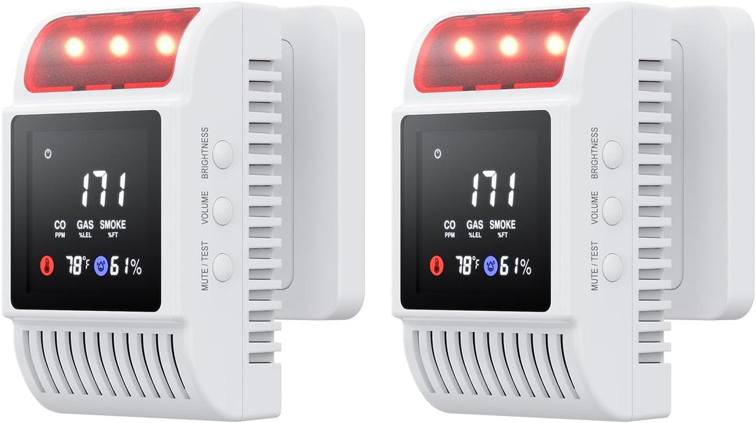 Carbon Monoxide Detectors & Gas Detector, Smoke and Carbon Monoxide Detector Battery Backup with Temperature Humidity Detection, CO & Smoke Alarm Adjustable Brightness & Sound for Home/Travel 2 Pack