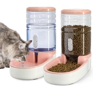 Automatic Dog Cat Feeder and Water Dispenser Gravity Food Feeder and Waterer Set with Pet Food Bowl for Small Medium Dog Puppy Kitten, Large Capacity 1 Gallon x 2(Pink)