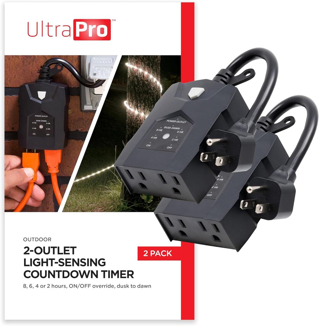 UltraPro Outdoor Dusk to Dawn Outlet Timer with Countdown, Dual Outlet Light Sensor Plug, 8/6/4/2 Hour Settings, WeatherResistant Seasonal & Landscape Lighting Control, 2 Pack, Black, 71070