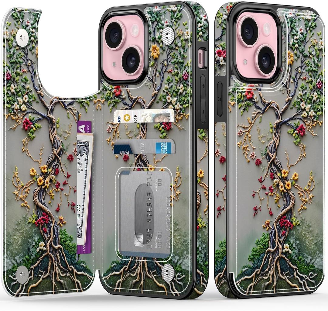 FUNMIKO for iPhone 15 Wallet Case with Card Holder + Cash Clip, RFID-Blocking, Military-Grade Drop Protection & UV-Printed Artwork, Magnetic Closure with Leather Kickstand - Blooming Tree of Life