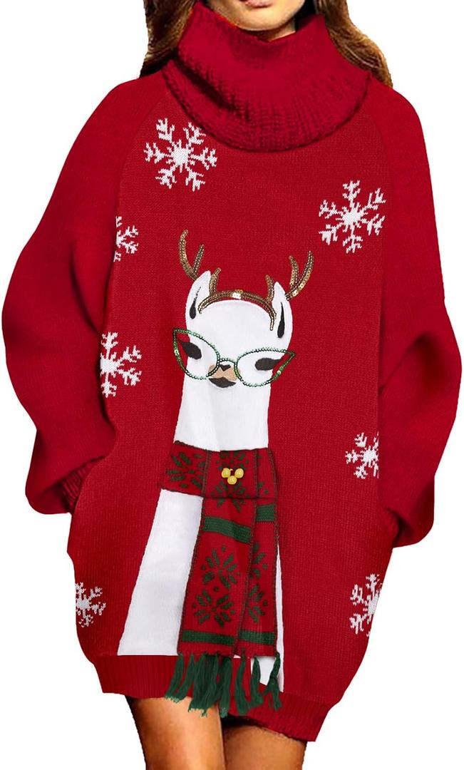 Pink Queen Ugly Christmas Sweater Dresses for Women Oversized Turtleneck Pullover Holiday Dress with Pocket (Red)