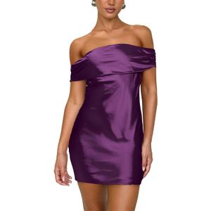 HYPERFIRE Women's Satin Off The Shoulder Mini Dress Tie Back Party Cocktail Dresses (Purple, L)