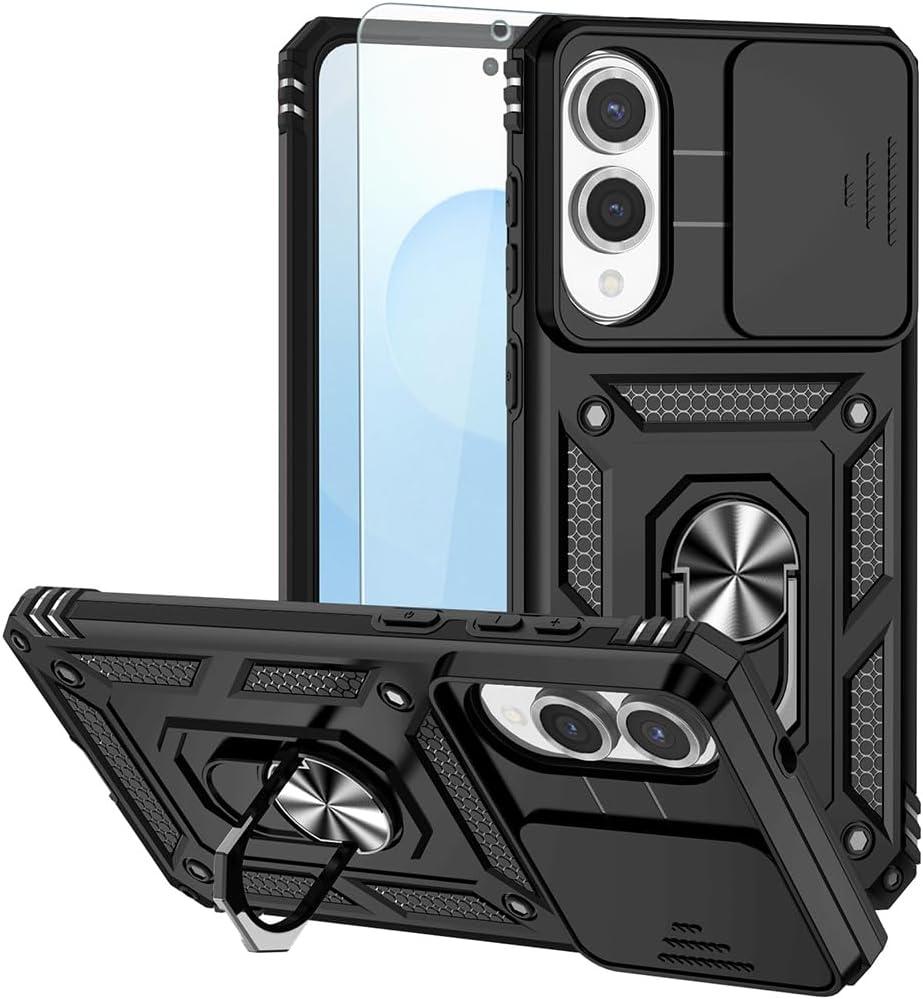 For Samsung Galaxy S25 Edge Case, Rubber Bumper Hard Plastic Phone Case with [Sliding Camera Lens Cover] [360 Rotatable Kickstand Ring] [HD Screen Protector] for Samsung Galaxy S25 Edge Black