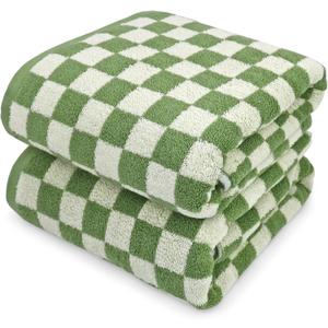 Jacquotha Bath Towels Set of 2 - Luxury Cotton Bathroom Shower Towels Body 55 x 27.5 Absorbent, Quick Dry, 520GSM, Green Checkered Home Decor
