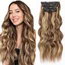 ALXNAN Clip in Long Wavy Hair Extension 24 Inch Chocolate Brown to Honey Blonde Hair Extensions 4PCS Thick Hairpieces Fiber Double Weft Hair for Women