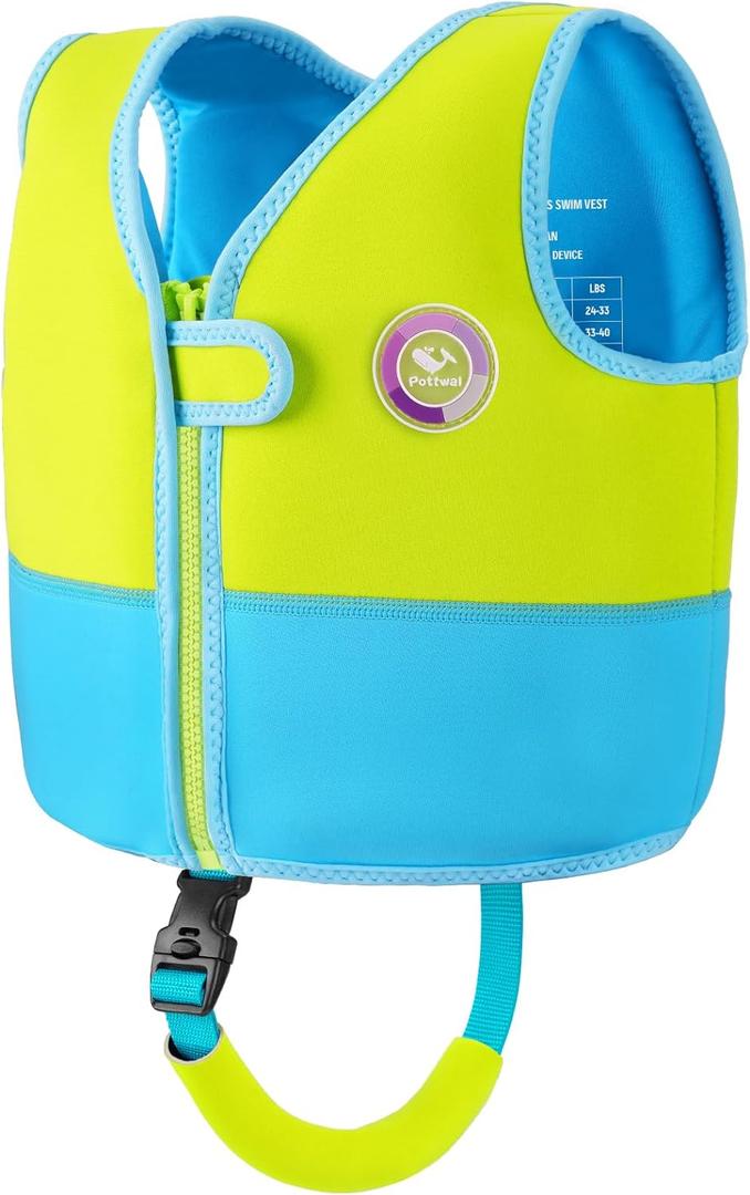 Pottwal Swim Vest for Kids - Swim Jacket for 3-6 Years (40-66LBS) - Buoyancy Aid Made of Neoprene & EPE - with Adjustable Crotch Strap - Green