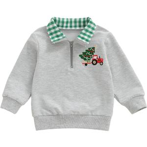 Toddler Boy Girl Christmas Outfit Quarter Zip Sweatshirt with Plaid Collar Shirt Pullover Top (3-4T, A1 Grey)