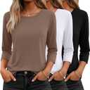 Ficerd 3 Pack 3/4 Sleeve Tops for Women Round Neck Dressy Basics Tees Casual Trendy Loose Fit T Shirts (Brown, L)