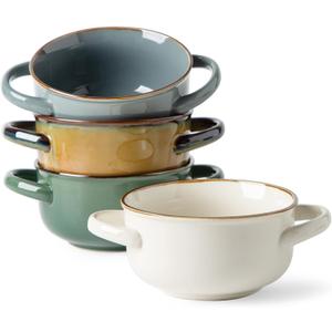 MONITO Ceramic Salad Bowl with Handles, 28 oz French Onion Soup Bowls, Ceramic Soup Bowls for Cereal, Pasta, Chilli, Beef Stew, Stackable Serving Bowl Set of 4 (28 OZ)