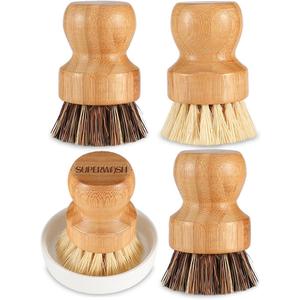 Bamboo Scrub Brush Clean Pan, Dish and Vegetable, Natural Bristles Palm Pot Brush 4 Pack Round Mini Dish Brush with Ceramic Holder for Kitchen Sink Cleaning