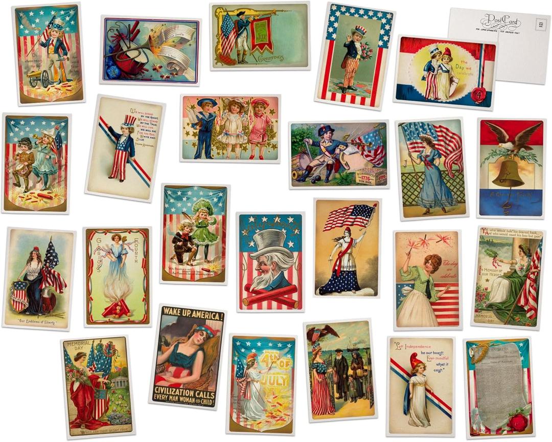 Vintage Patriotic Postcards - 24 Vintage Postcards - Assorted Retro Postcards on Antique Textured Style Cardstock - 4th of July Cards, Labor Day Cards, Memorial Day Cards, Veterans Day Cards