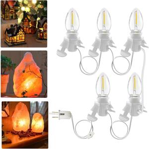 C7 Accessory Cord with 5 LED Clear Light Bulbs,E12 Base,White Lamp Cord with Switch for Christmas Village Houses/Ceramic Christmas Tree, as Halloween Lights/Christmas Tree Lights