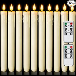 Homemory 12 Pcs Real Wax Flameless Taper Candles with Remote Timer and Dimmer, Battery Operated Candlesticks with Flickering Light, Ivory Window Candles, 9.6 Inches for Wedding Home Decor