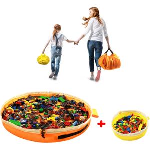 Toy Storage for Lego Play Mat Bag - Duplo Toy Organizer Storage Bag by Drawstring for Kids Tidy Toy with Lips can as Gift (2Pcs = Big Orange + Mini Yellow)