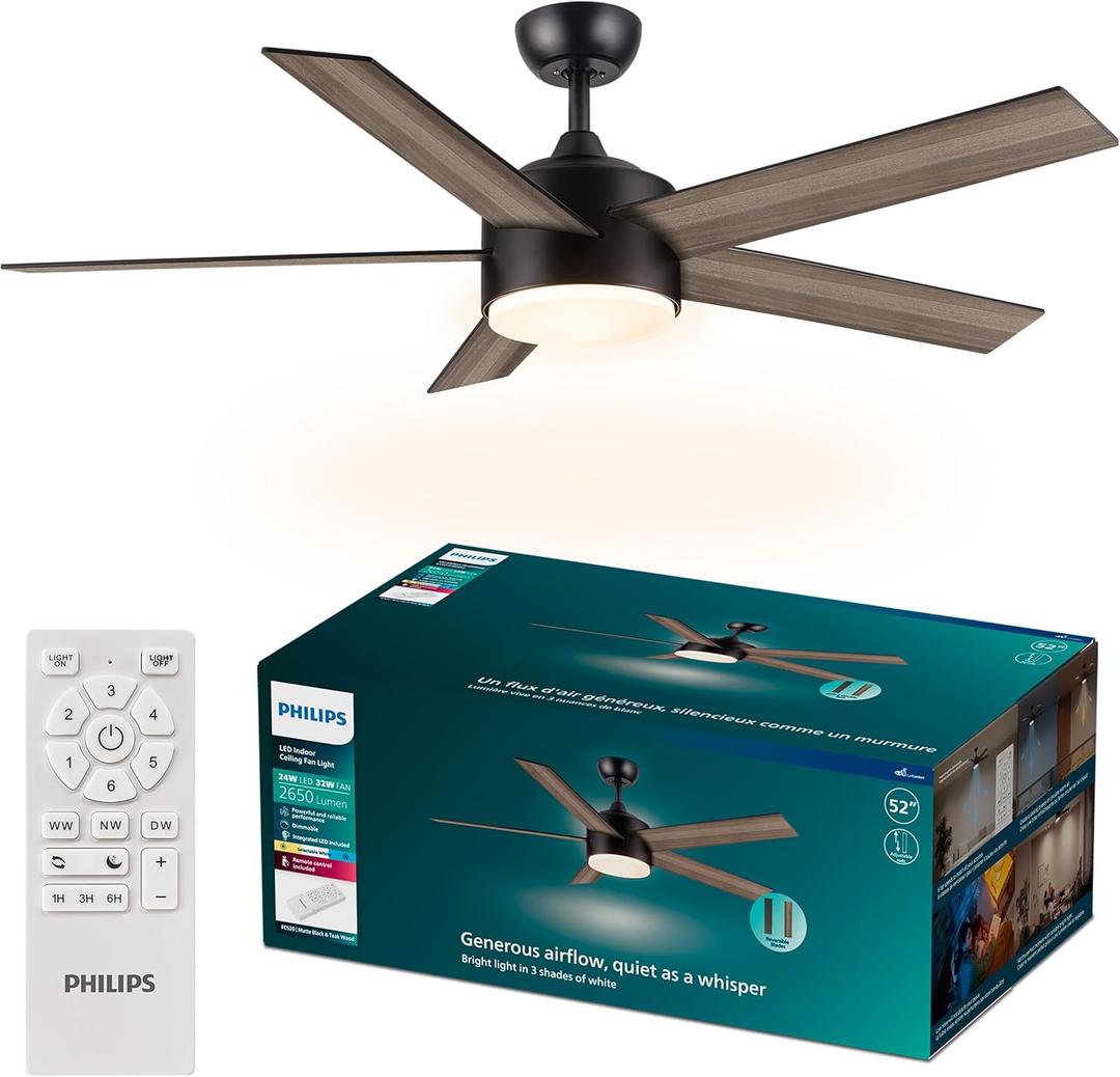 Philips Indoor Ceiling Fan, Dark, with Bright LED Light, 2650 lm, 5 Blades, 5400 CFM, 6 Speeds, 2 Airflow Modes, Selectable White Light, Dimmable, Reversible Blades