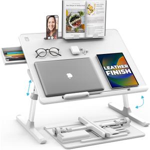 Cooper DeskPRO XL 23.6" Ergonomic Adjustable Laptop Bed Desk, Laptop Bed Table | Tray for Eating, Computer, Writing, Floor, Couch | Large Lap Desk for Adults | Leather, Drawer, Book Stand (White)