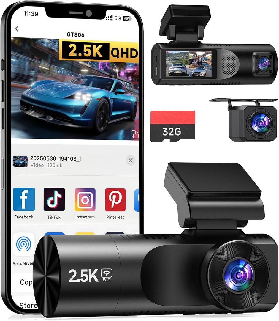 Dash Cam Front and Rear, 2.5K+1080P+1080P 3 Channel Dash Cam with 32GB Card, Wi-Fi Dash Camera for Cars, G-Sensor, Night Vision, 24H Parking, Loop Recording Dashcam, 1.97IPS, Support 256GB (Black)