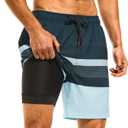 HODOSPORTS Mens Swimsuit Trunks 7" Quick-Dry Swim Shorts with Compression Liner and Zipper Pockets (XX-Large, 03 - Stripe C)