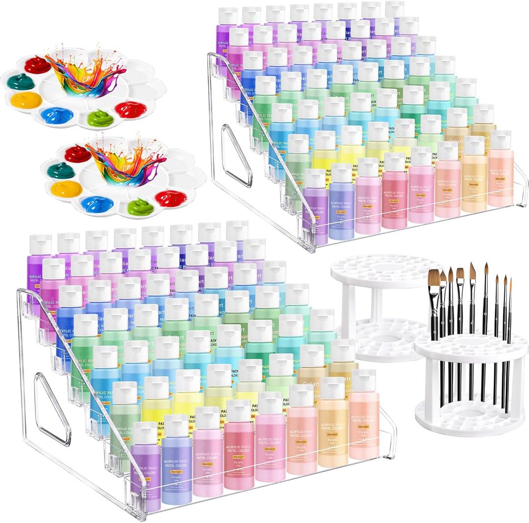 2 Pcs Clear Acrylic Paint Organizer Rack with Brush Holder, 7 Layer Acrylic Paint Tube Organizer, Snap-On Craft Organizers and Storage for Versatile Storage, No-Tools Setup & Quick Access (2 Set)