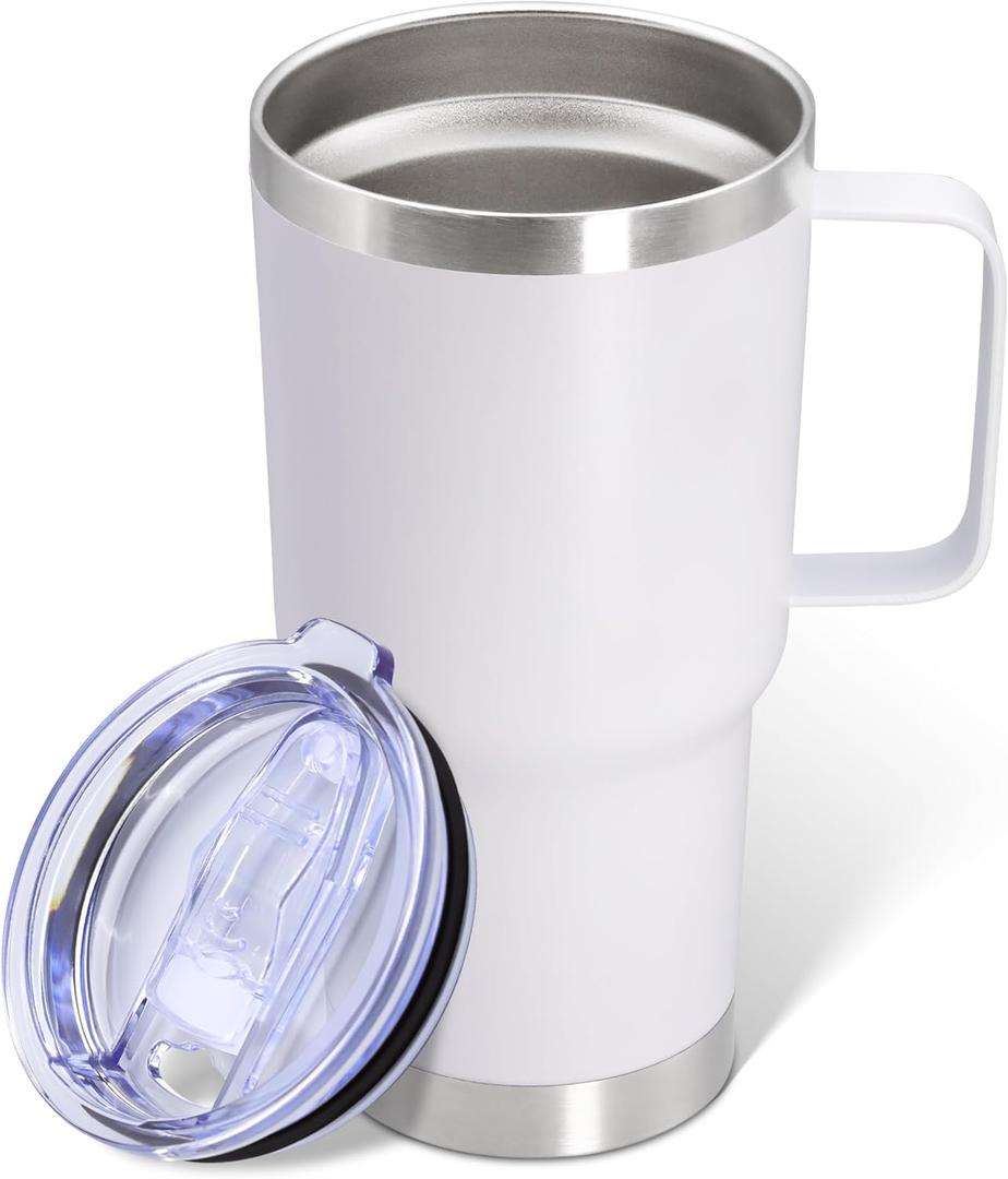 20 oz Tumbler with Handle and Lid, Stainless Steel Tumbler Insulated Travel Coffee Mug, Spill Proof Double Wall Vacuum Tumbler Cup Keep Drink Hot & Cold, White, 1 Pack