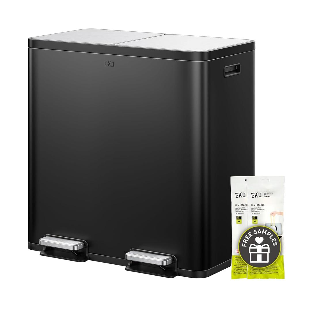 EKO EcoCasa Plus 2 x 10.6 Gal (2 x 40 L) Dual Trash Can for Kitchen, Large Stainless Steel Step-On Garbage Can, Trash and Recycle Bin Combo with Soft-Close Lids, Removable Buckets, Matte Black