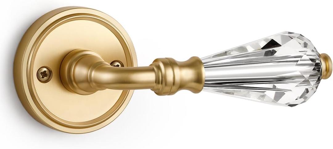 2 Pack Gold Glass Door Lever Passage Crystal Door Levers Satin Brass Door Lever Interior Brushed Gold Door Handle for Hall and Closet,Zinc Alloy