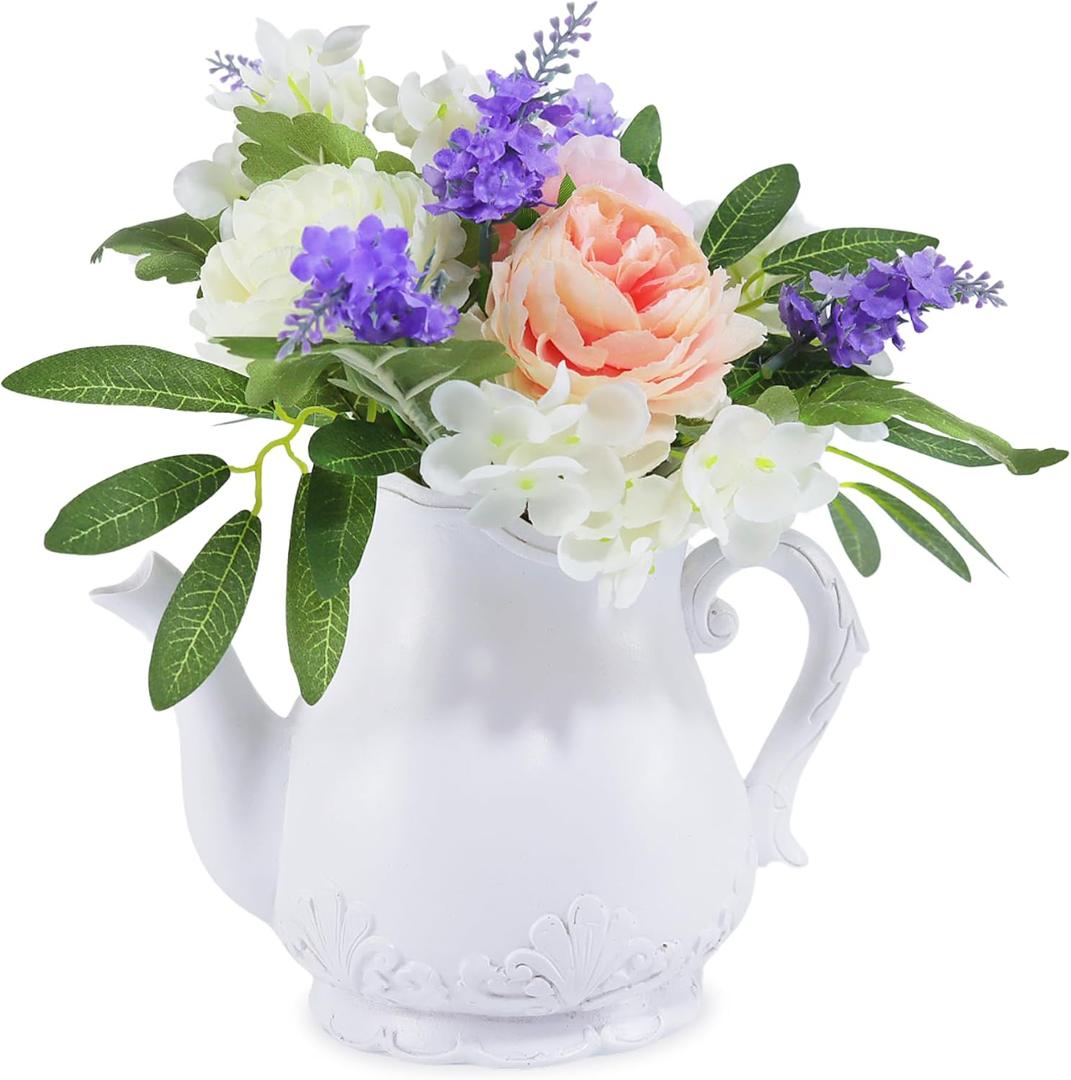 Artificial Flowers in Teapot Vase,Centerpieces Coffee Table Decor,Artificial Flower Arrangement for Home Party Office Wedding Kitchen Room