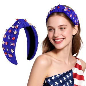 VEKDA 4th of July Headband for Women  Patriotic American Flag Headpiece with Red Blue Rhinestones & Star Spangled Hair Accessories Blue