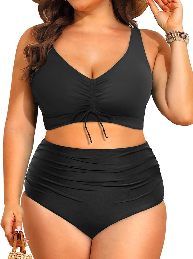 Aqua Eve Women Plus Size Two Piece Swimsuit High Waisted Bikini Set Tummy Control Bathing Suit (Drawstring-black) 12W