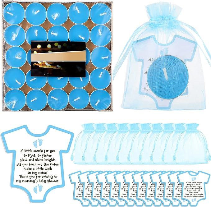 Roowest 24  Shower Party Candles Gift for Guests Cute Tea Lights Candle Decorations with Thank You Cards Organza Bags for Girl Boy Baby Shower Gender Reveal Favors(Blue)