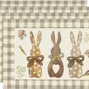 Artoid Mode Buffalo Plaid Bunny Happy Easter Placemats Set of 4, 12x18 Inch Seasonal Holiday Table Mats for Party Kitchen Dining Decoration (Brown)