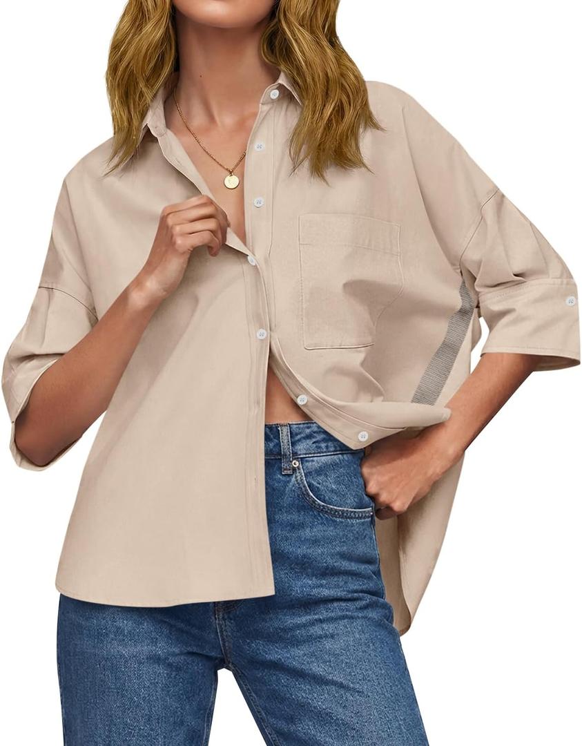Cicy Bell Womens Summer Oversized Button Down Shirts Half Sleeve V Neck Business Casual High Low Tops Loose Fit Blouses