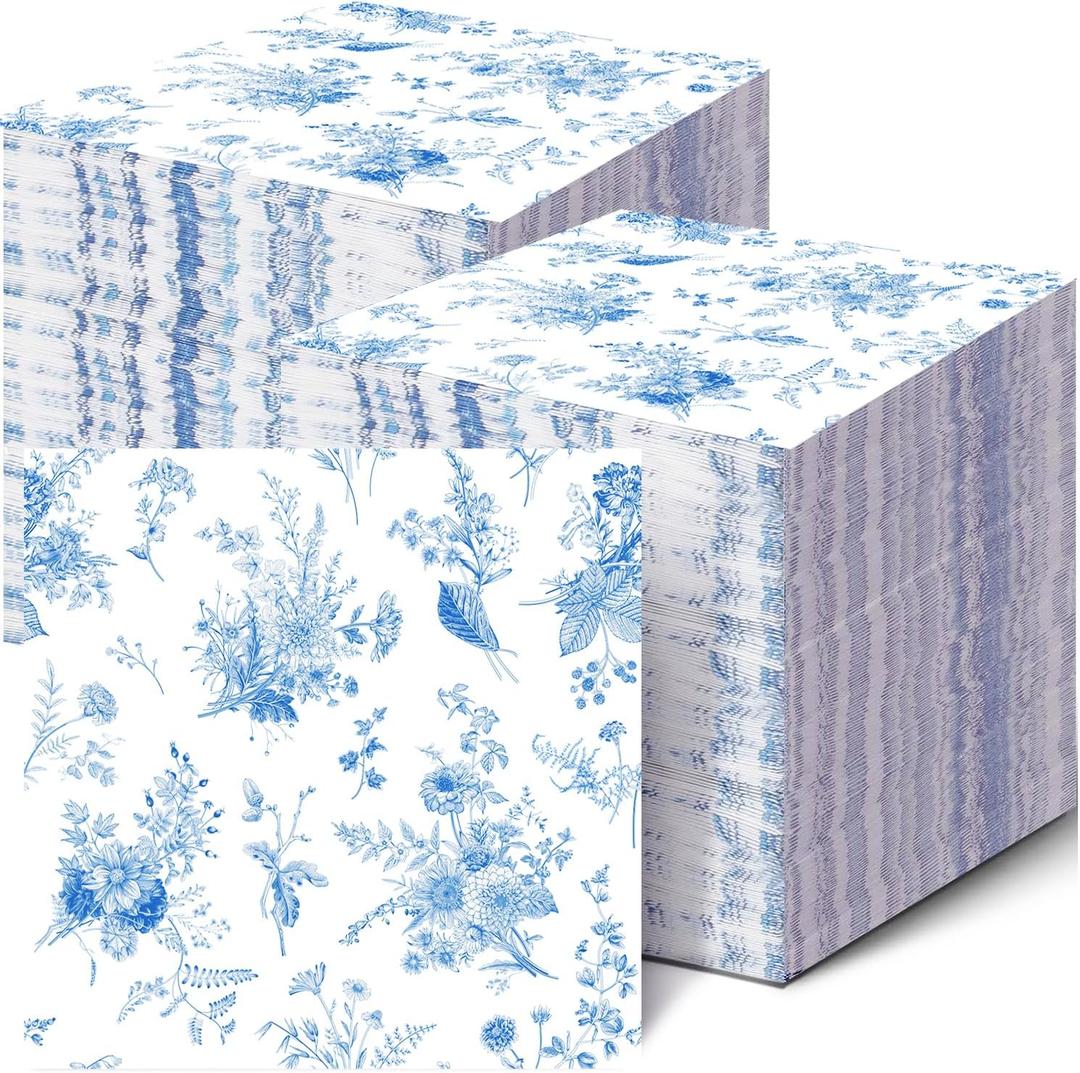 100 Pack Blue Floral Cocktail Napkins Blue and White Floral Toile Paper Napkins Floral Paper Napkins for Bridal Baby Shower,Tea Garden Party,Wedding Floral Birthday Party Supplies Decor (White)