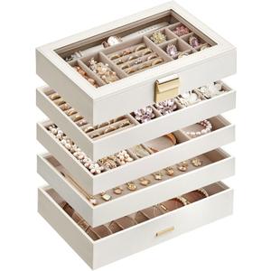 SONGMICS Stackable Jewelry Trays, 5-Tier Jewelry Box, Drawer Jewelry Organizer, with Glass Lid, Removable Dividers, for Vanity Table, 6.7 x 11 x 8.6 Inches, Gift Idea, Cloud White UJBC194W01