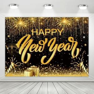 Black and Gold Happy New Year Banner Backdrop,2026 New Year Merry Christmas Glitter Photography Background,Hello 2026 Shiny Champagne Fireworks Balloon Midnight Photography Background.7 * 5FT