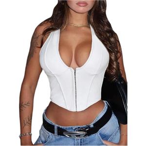Floerns Women's Y2K PU Leather Halter Neck Hook Eye Backless Asymmetrical Party Crop Tank Top (X-Large, White)